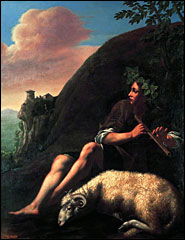 Pastoral: Shepherd with a lute and sheep.