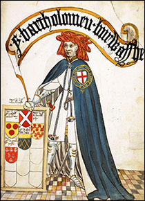 Manuscript portrait of Bartholomew, Lord Burghersh, the Younger, from William Bruges' Garter Book, 1430s. British Library.