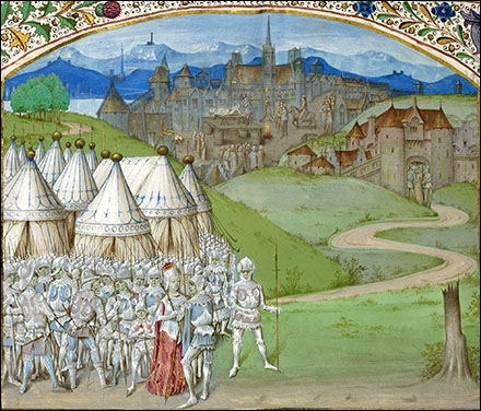 Queen Isabella with Mortimer and her army, with the quartering of Hugh le Despenser, the younger, in the background