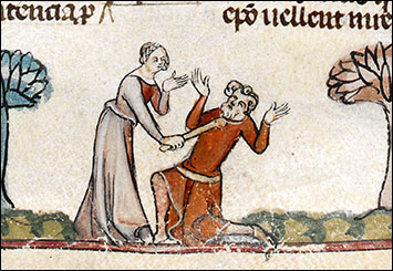 Medieval manuscript illumination: Woman beating or threatening man with club. The Smithfield Decretals, British Library Royal MS 10 E IV f. 148r.