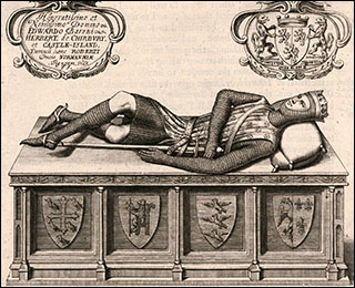 Engraving of the effigy of Robert, Duke of Normandy, called 'Curthose' in the presbytery of Gloucester Cathedral. c1677.