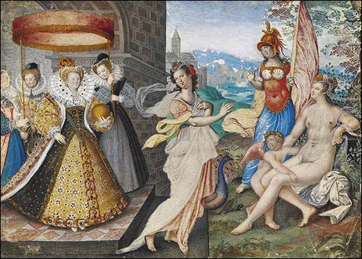 Elizabeth I and the Three Goddesses, by Isaac Oliver, date unknown.