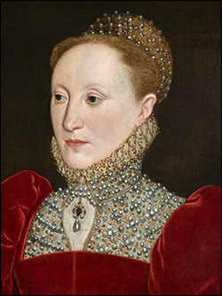 Queen Elizabeth, 1560s, in a red dress. 