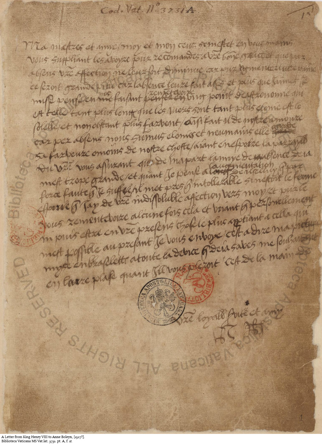 Love Letter Of King Henry Viii To Anne Boleyn 1527
