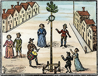 Dancing a round on May Day around the Maypole. 17th-c woodcut.