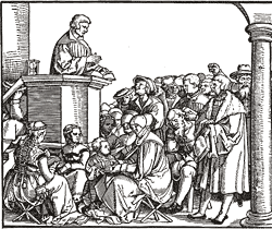 Zwingli preaching. Renaissance woodcut by Gerog Pencz, 1529.