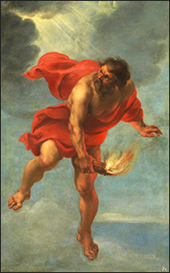 Prometheus stealing fire, 1636-8. Jan Cossiers painting after Rubens sketch. The Prado, Madrid